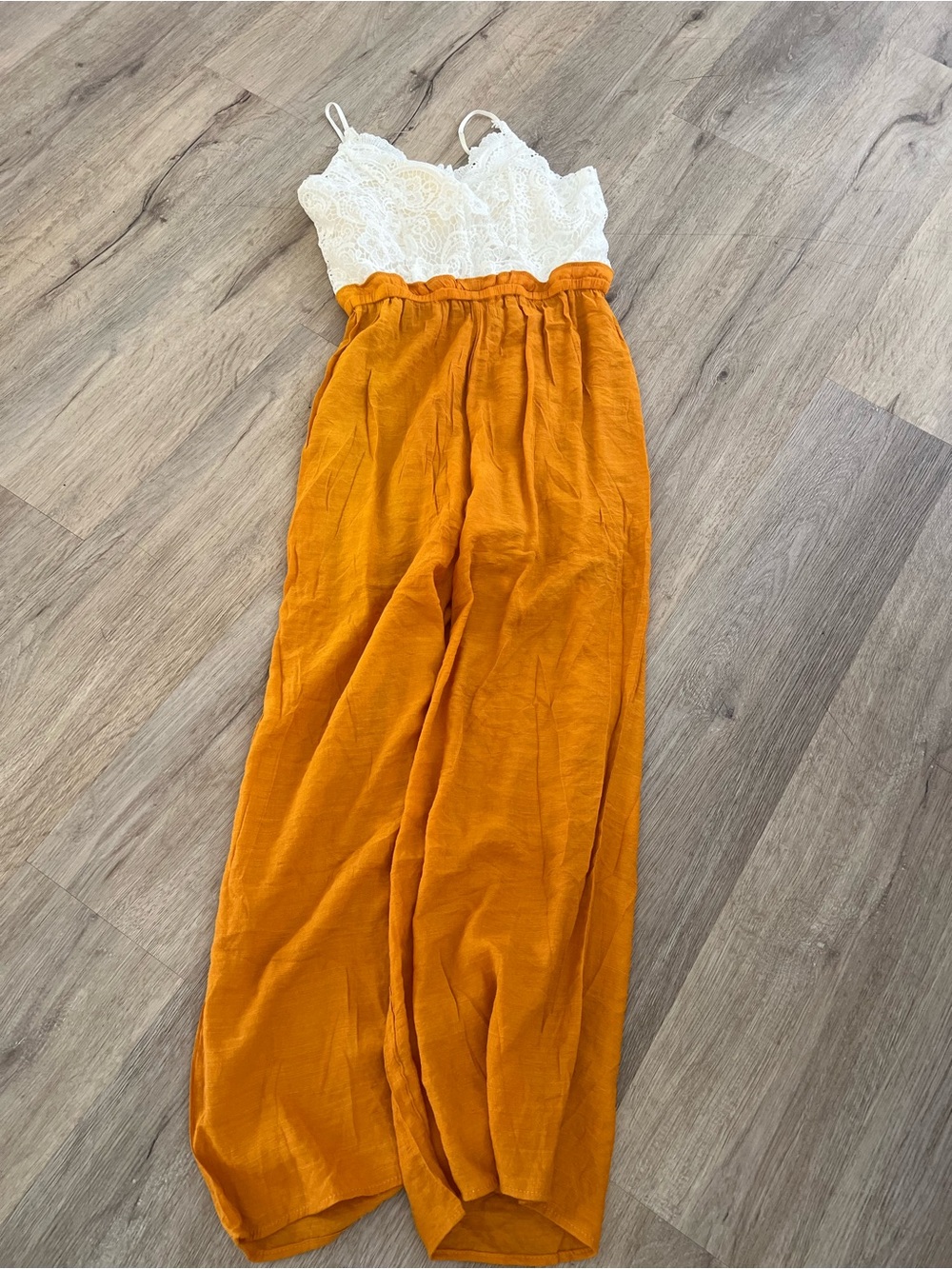 White Lace Top Jumpsuit with Mustard Yellow Pants